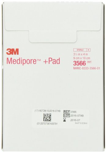 3M Medipore +משטח רך דבק בד הפצע חבישה 3566, הלבשה בגודל 3 1/2 x 4, פד בגודל 1 3/4 x 2 3/8 ב