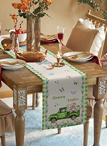 האביב חג הפסחא שולחן רץ,ארנב ירוק החווה משאית כיסוי שולחן,פרחים פסטורלי פרפר יוטה שולחן רצים מטבח,פינת אוכל, בית חווה