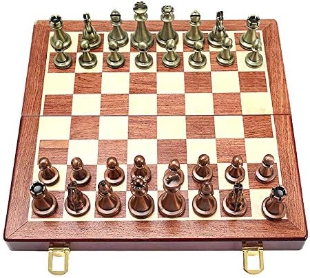 מתכת גדולים Deluxe שחמט רטרו נחושת מצופה סגסוגת שחמט למבוגרים להגדיר לוח משחק מעץ נייד תיבת אחסון מתקפל סט שחמט