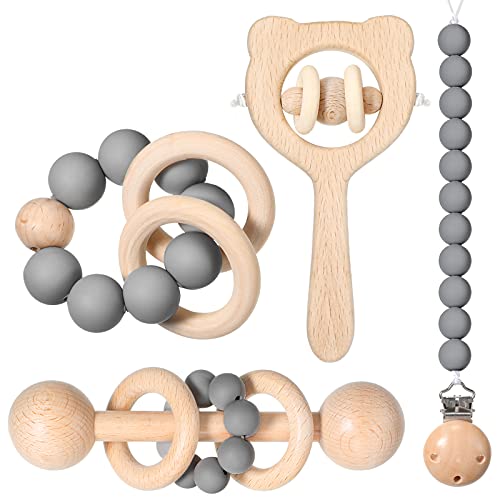 4 חתיכות עץ Teether צעצועים הגדר עץ לטלטל צעצועים חרוזים המוצץ בעל התינוק מצמיח שיניים צעצועי מונטסורי במודיעין צעצועים