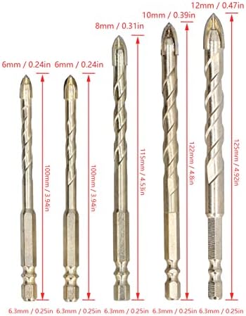 Eujgoov 5PCS קרמיקה מקדחים 1/4in שוק גודל מקדחים להגדיר עבור זכוכית לבנים אריח בטון, פלסטיק, עץ עם גודל 6 מ מ-12 מ מ(זהב)